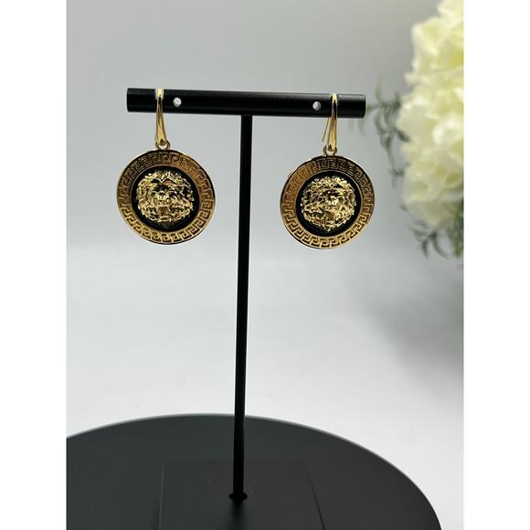 Bellezza Signed Gold Plated Lions Head Black Enamel Drop Dangle Earrings - Picture 3 of 8